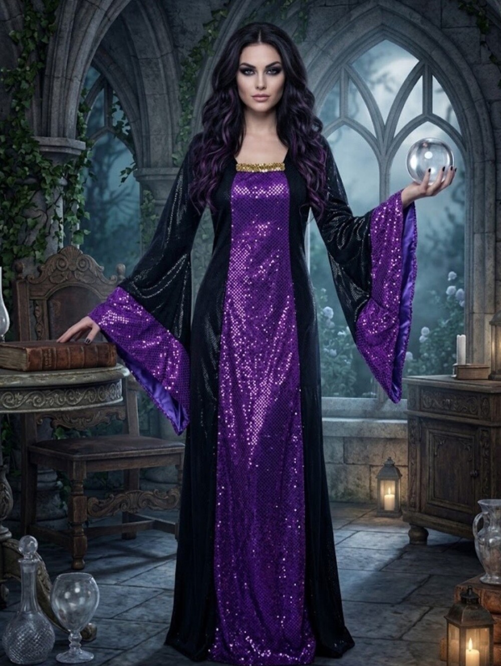 Black Purple Sequined Halloween Costume Dress Robe